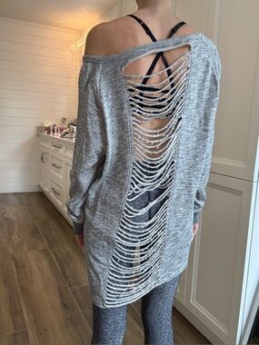 Forever21 Grey Y2K Ripped Open Back Off The Shoulder Sweatshirt